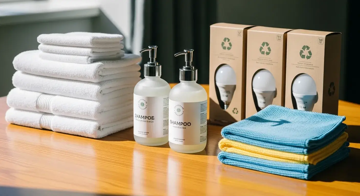 Eco-friendly hotel supplies displayed neatly