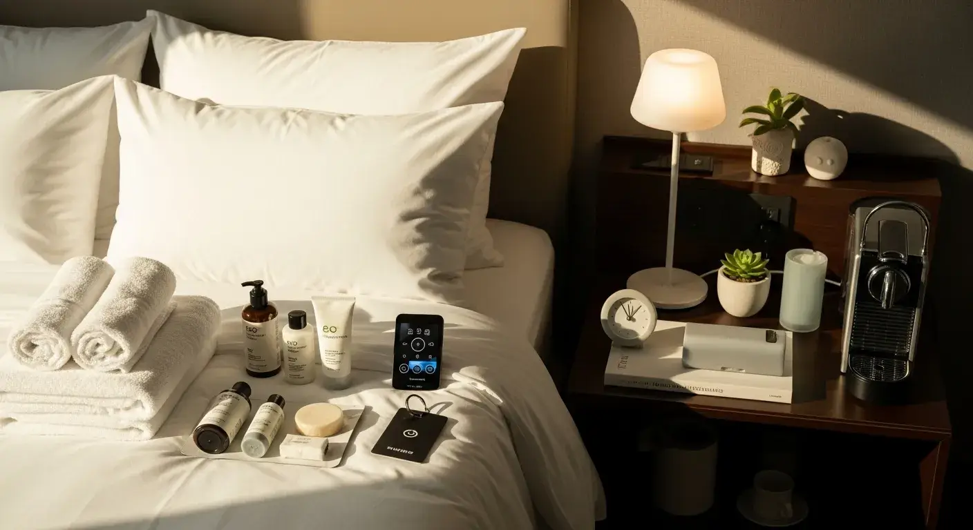 Modern hotel room essentials neatly arranged
