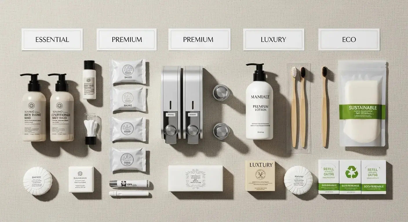 Range of hotel amenities and dispensers