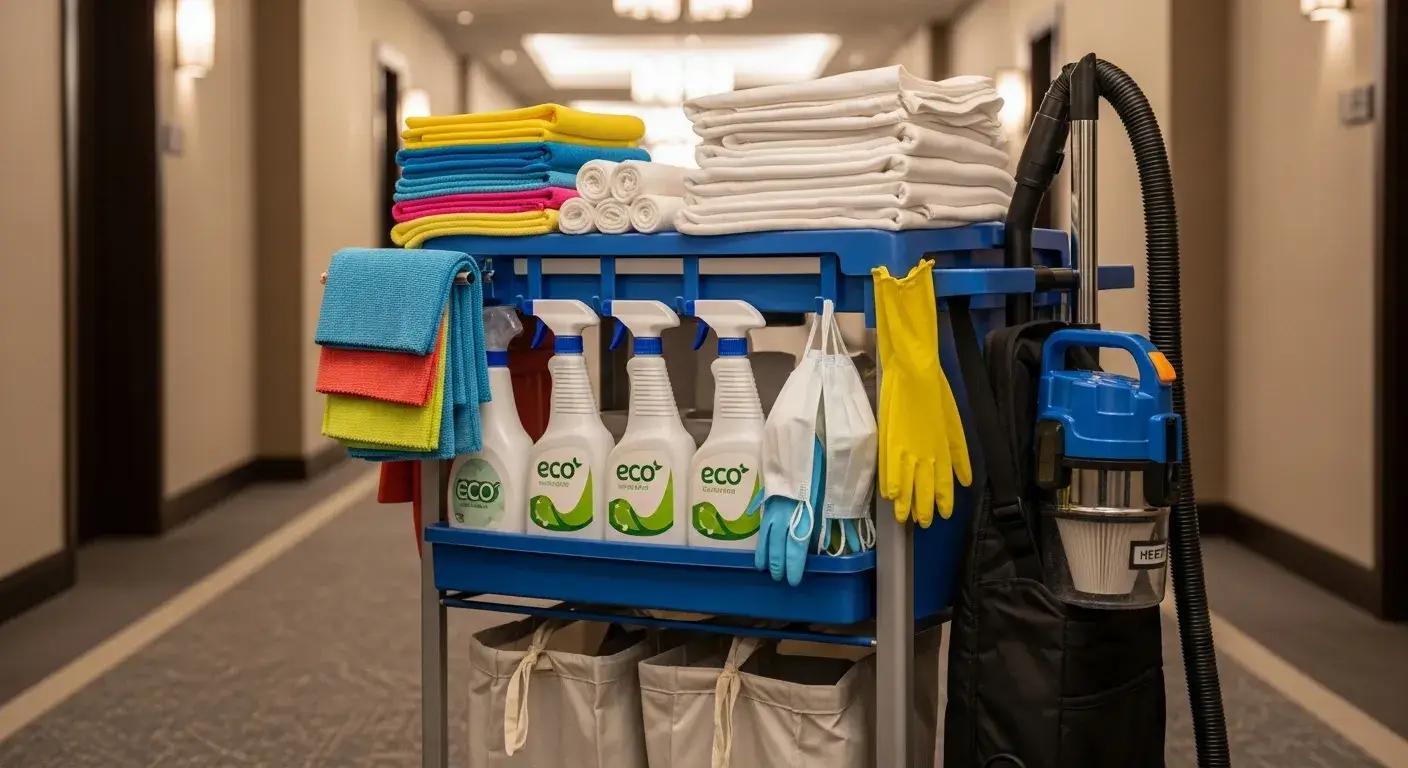 Hotel housekeeping cart with essential supplies