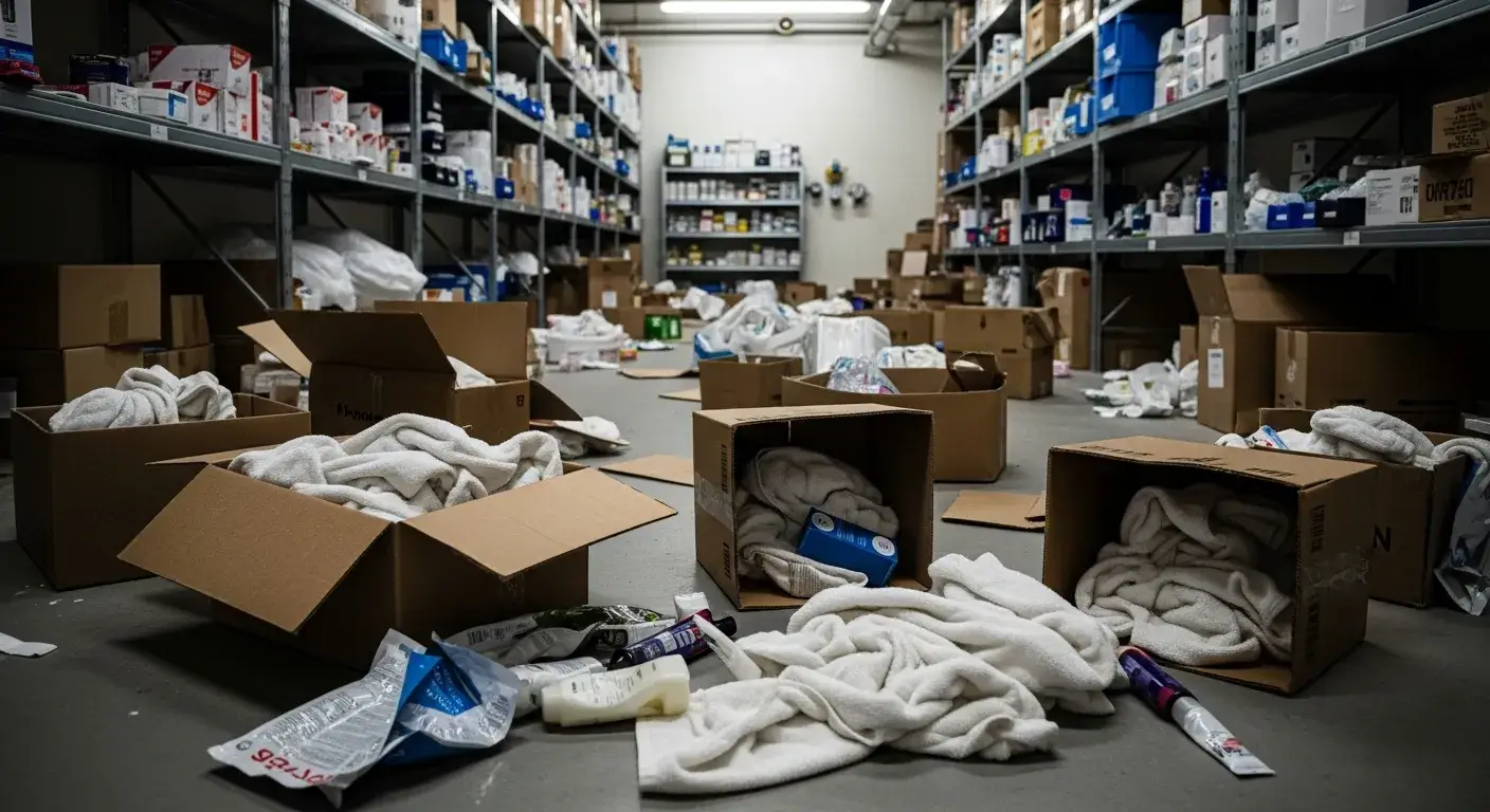 Overstocked and disorganized hotel supply room