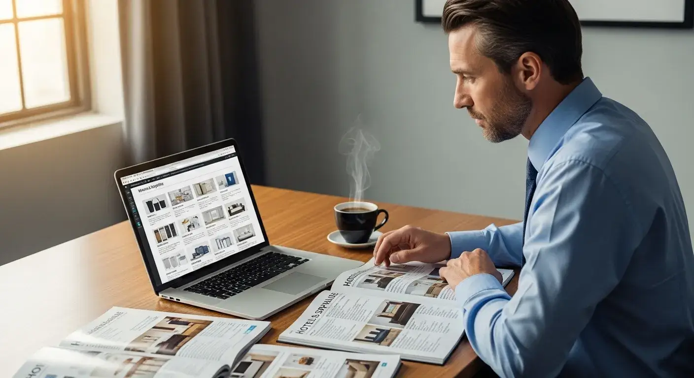 Hotel manager comparing supplier catalogs