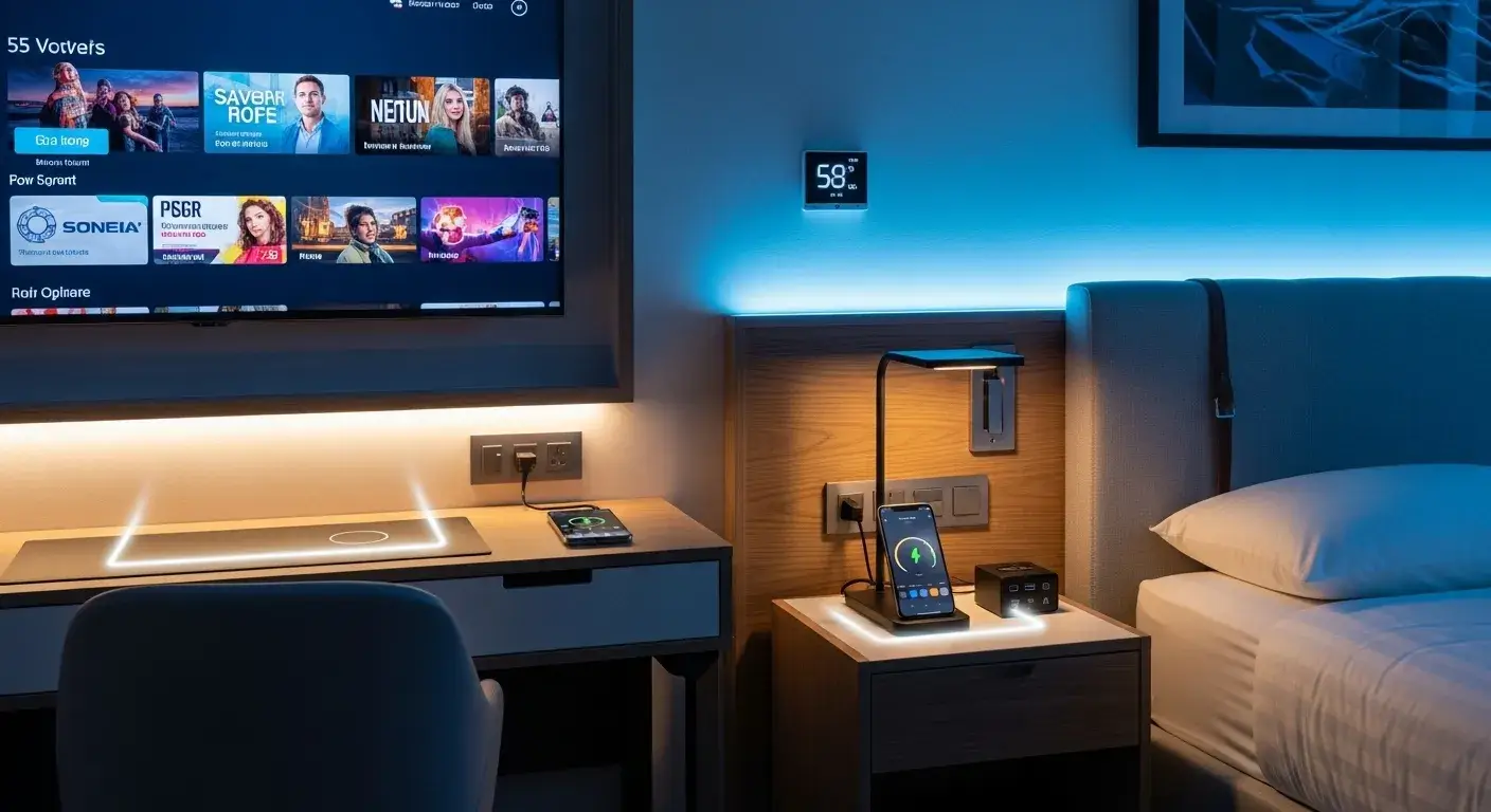 Modern hotel room with smart tech features