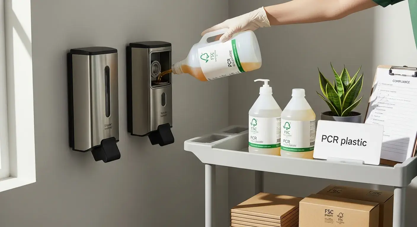 Sustainable refillable hotel amenity dispensers