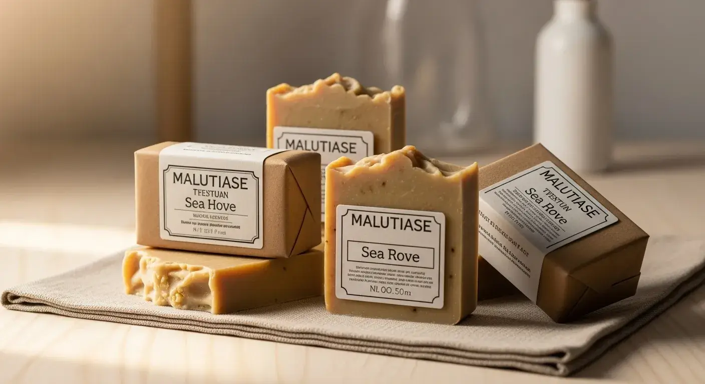 Handmade coconut and herbal soaps with eco packaging