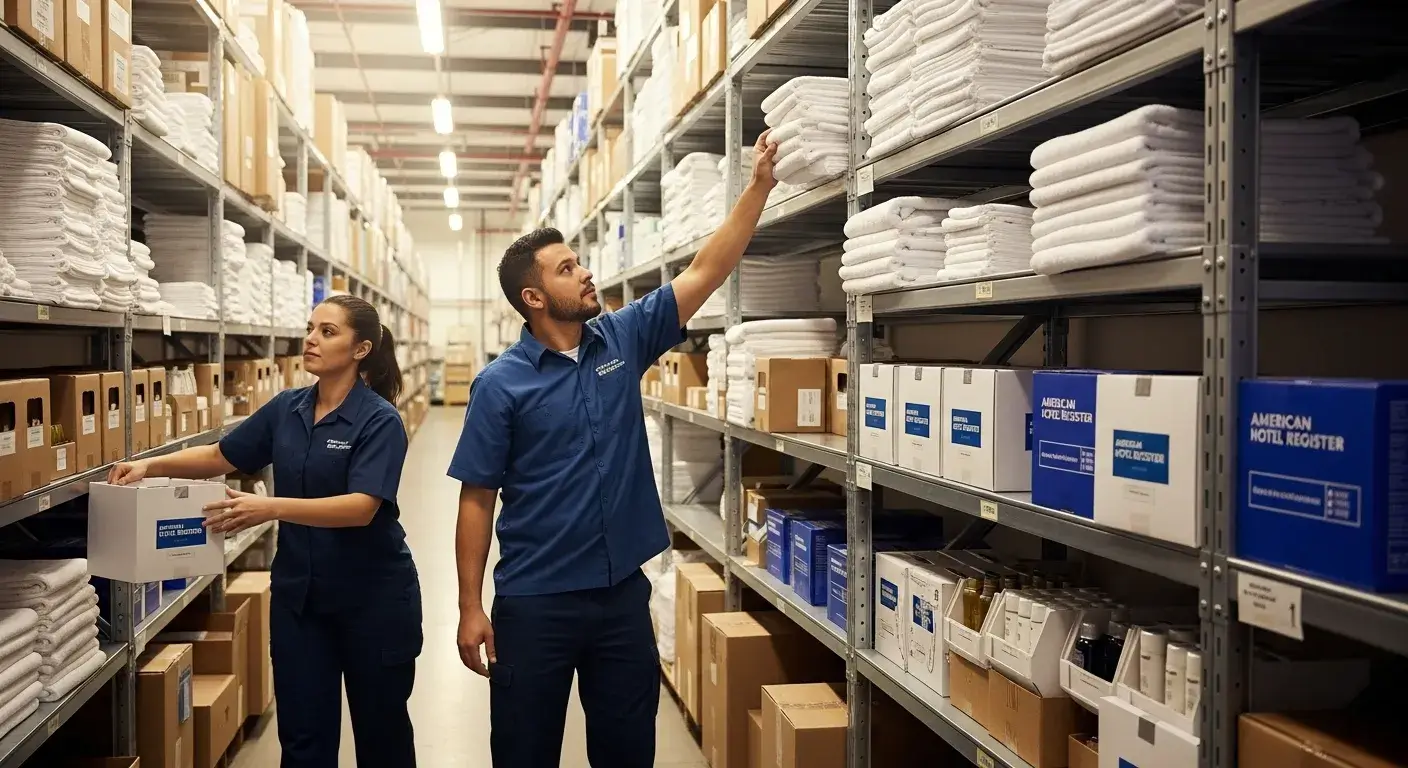 American Hotel Register employees organizing hotel supplies