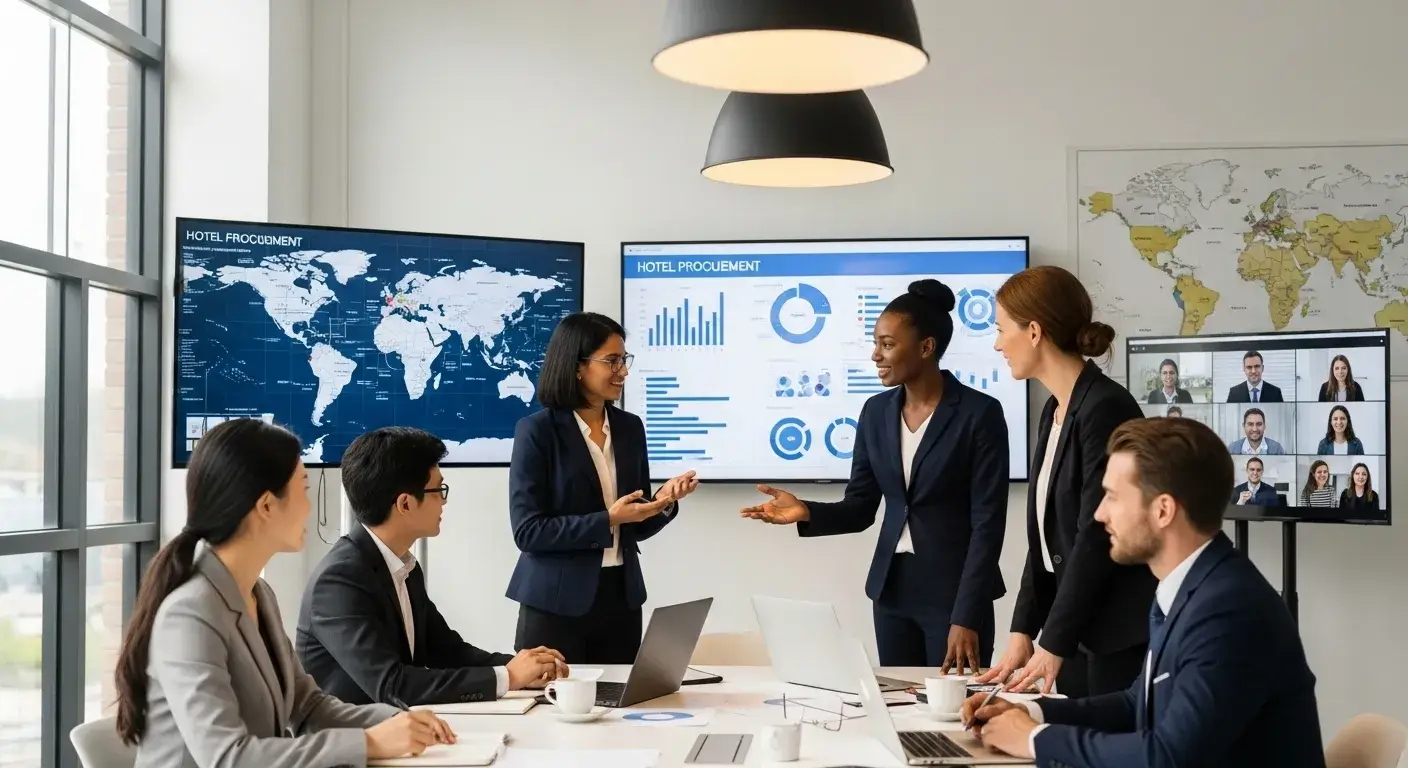 Global procurement team reviewing hospitality supply contracts