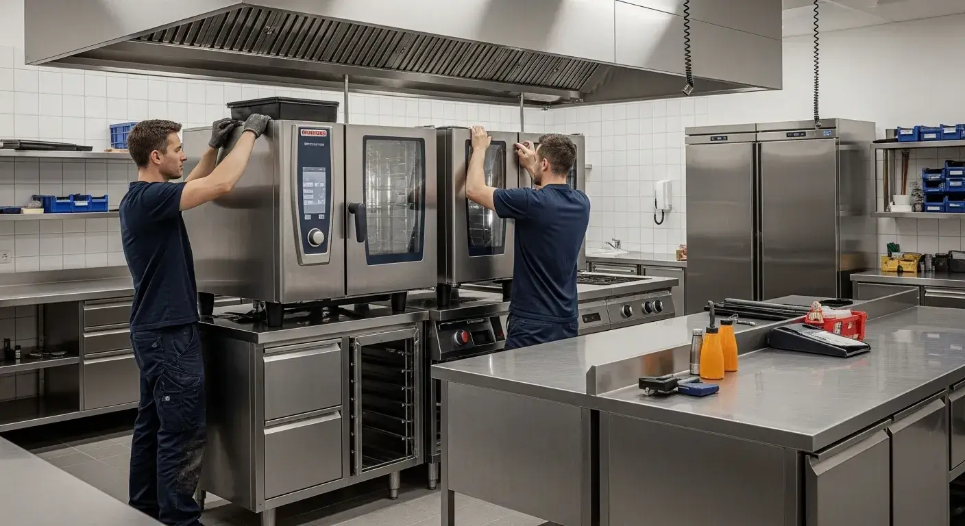 Technicians installing stainless steel kitchen equipment in hotel kitchen