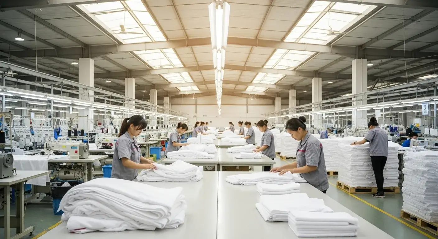 Chinese hotel textile factory with workers inspecting linens