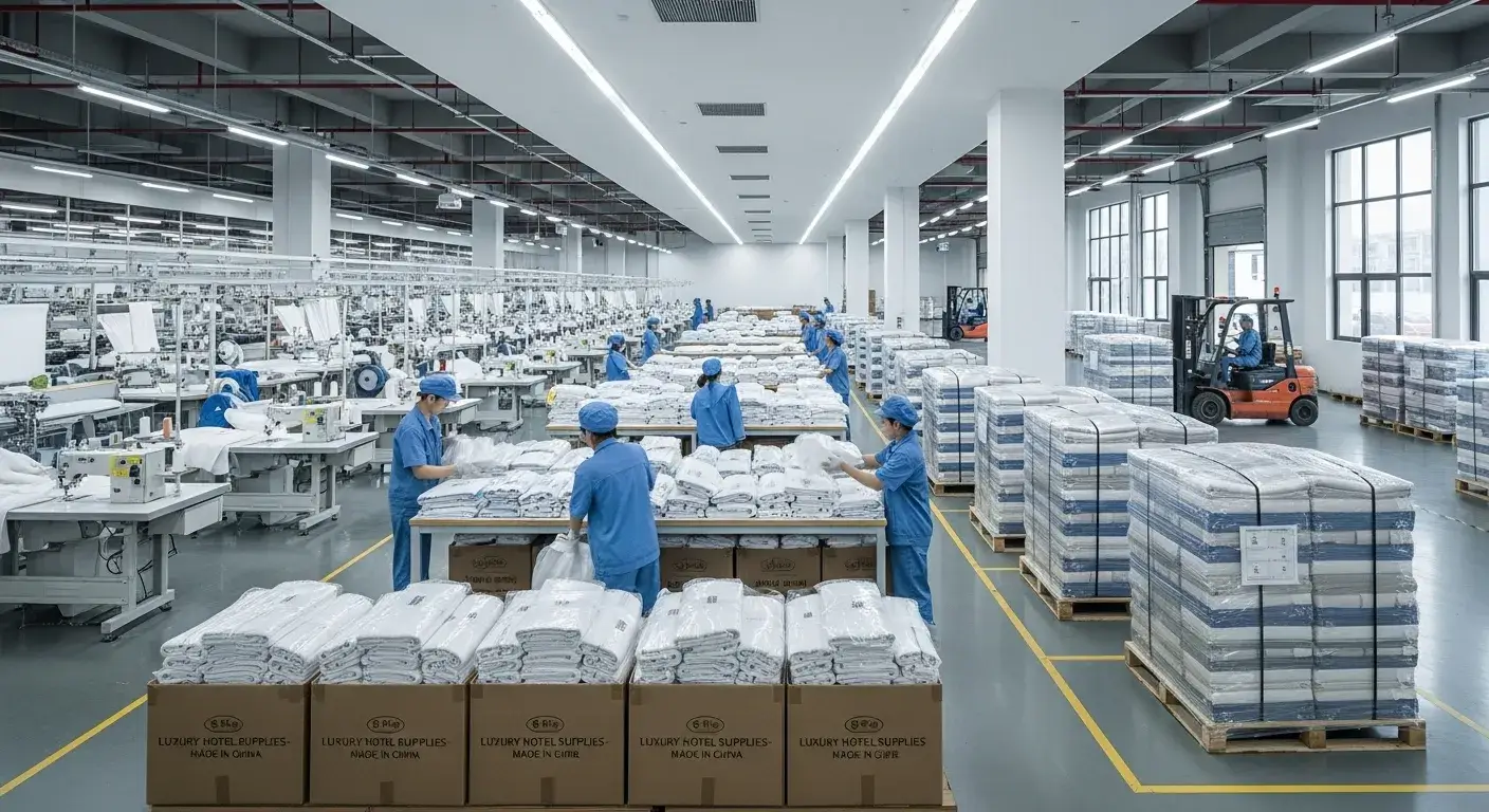 Modern Chinese hotel supply factory overview with textiles and logistics