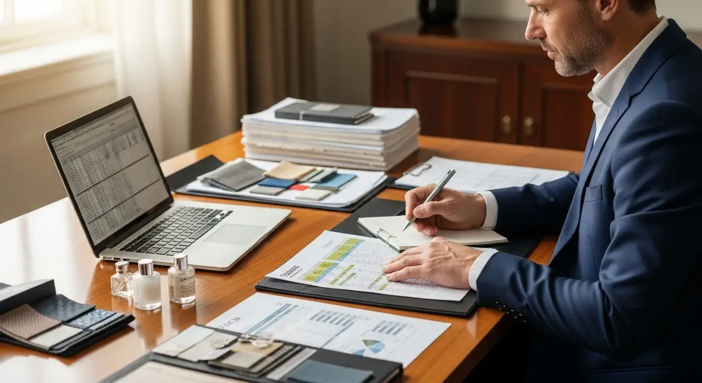 Hotel manager reviewing supplier catalogs and pricing charts