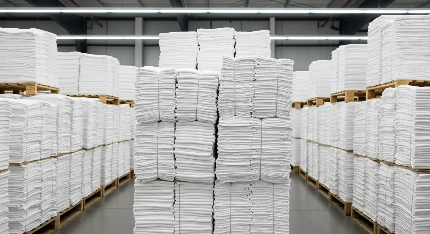 Stacks of white hotel linens in warehouse ready for shipping