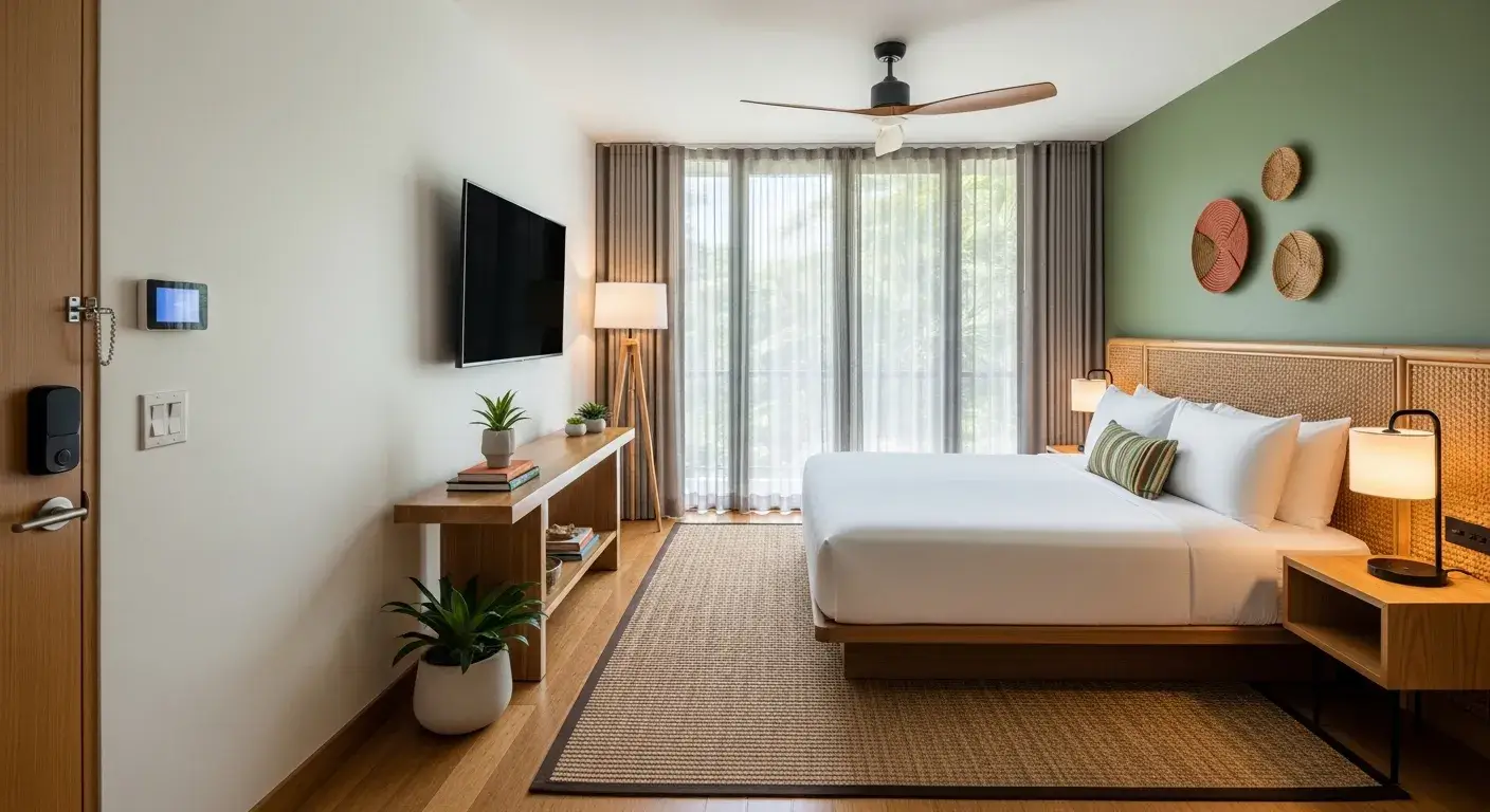Eco-friendly hotel room with smart equipment and bamboo linens