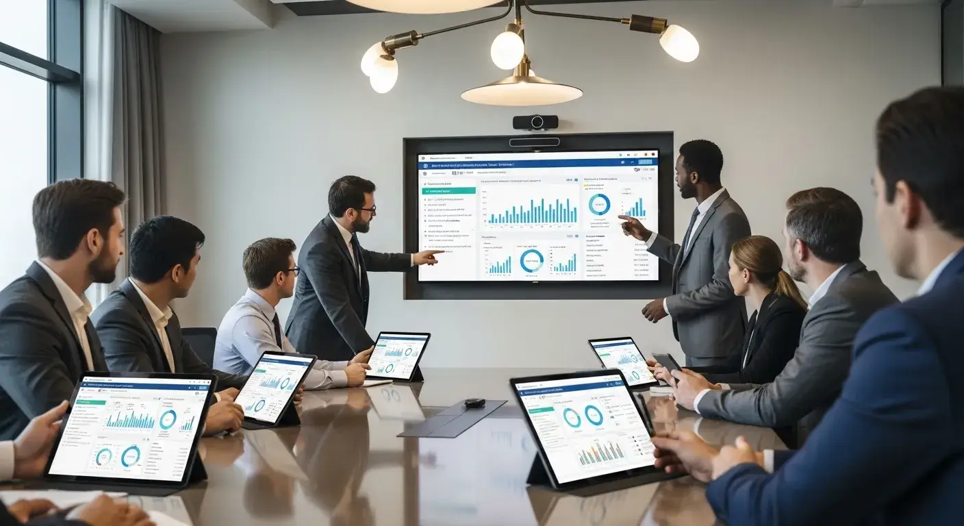 Procurement professionals analyzing supplier contracts on digital screens