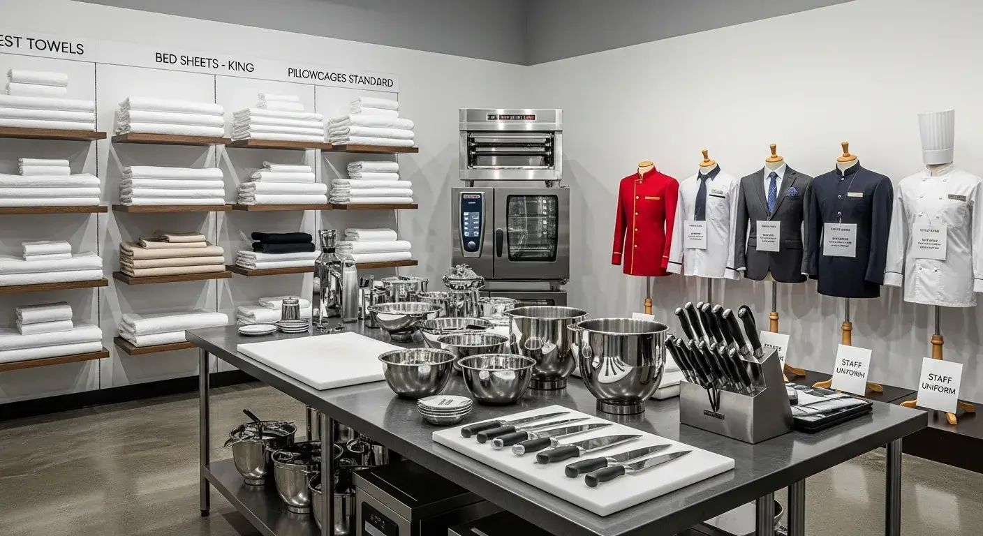 Hotel supplier showroom with linens and kitchen equipment displays