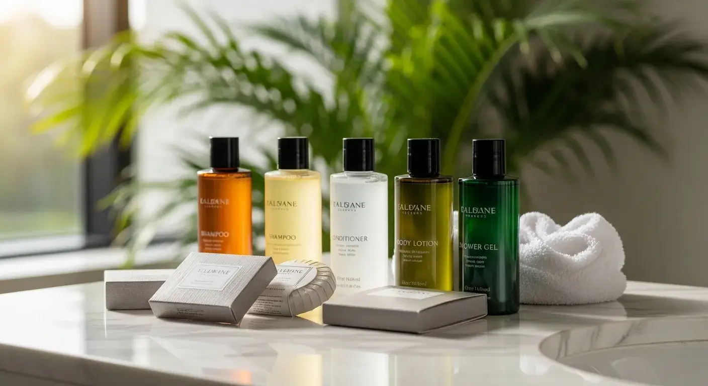 Luxury hotel toiletries and amenity bottles on marble counter