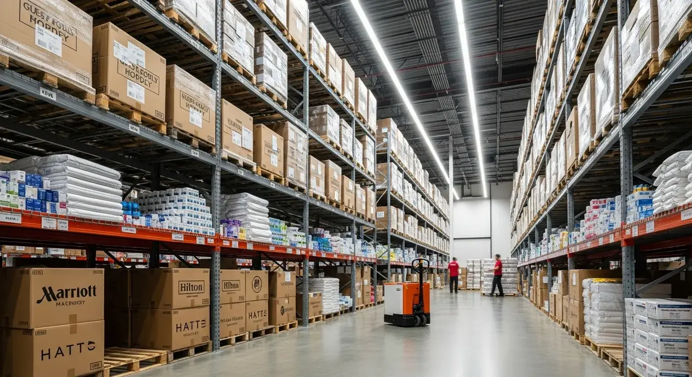 Guest Supply warehouse with hotel amenities and linens ready for distribution