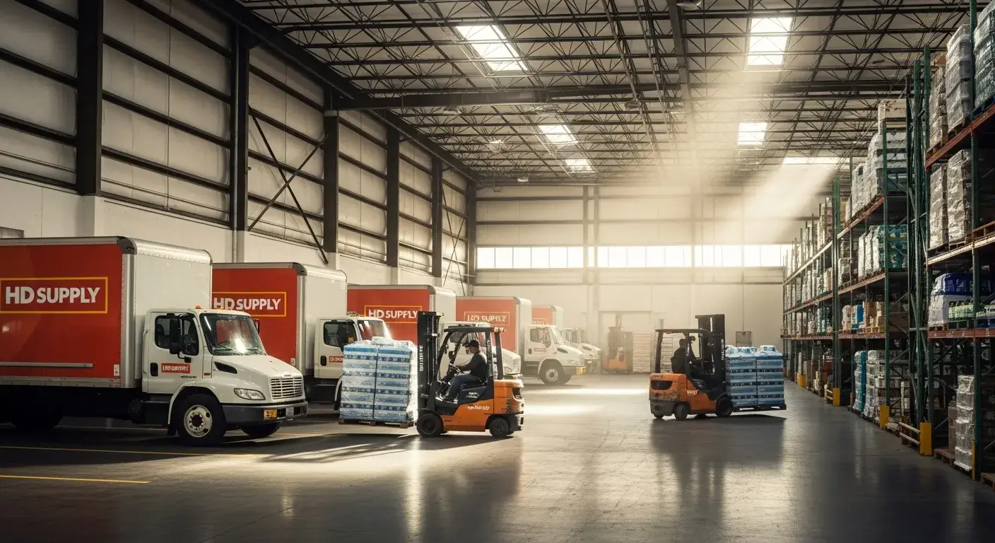 HD Supply distribution trucks outside large warehouse