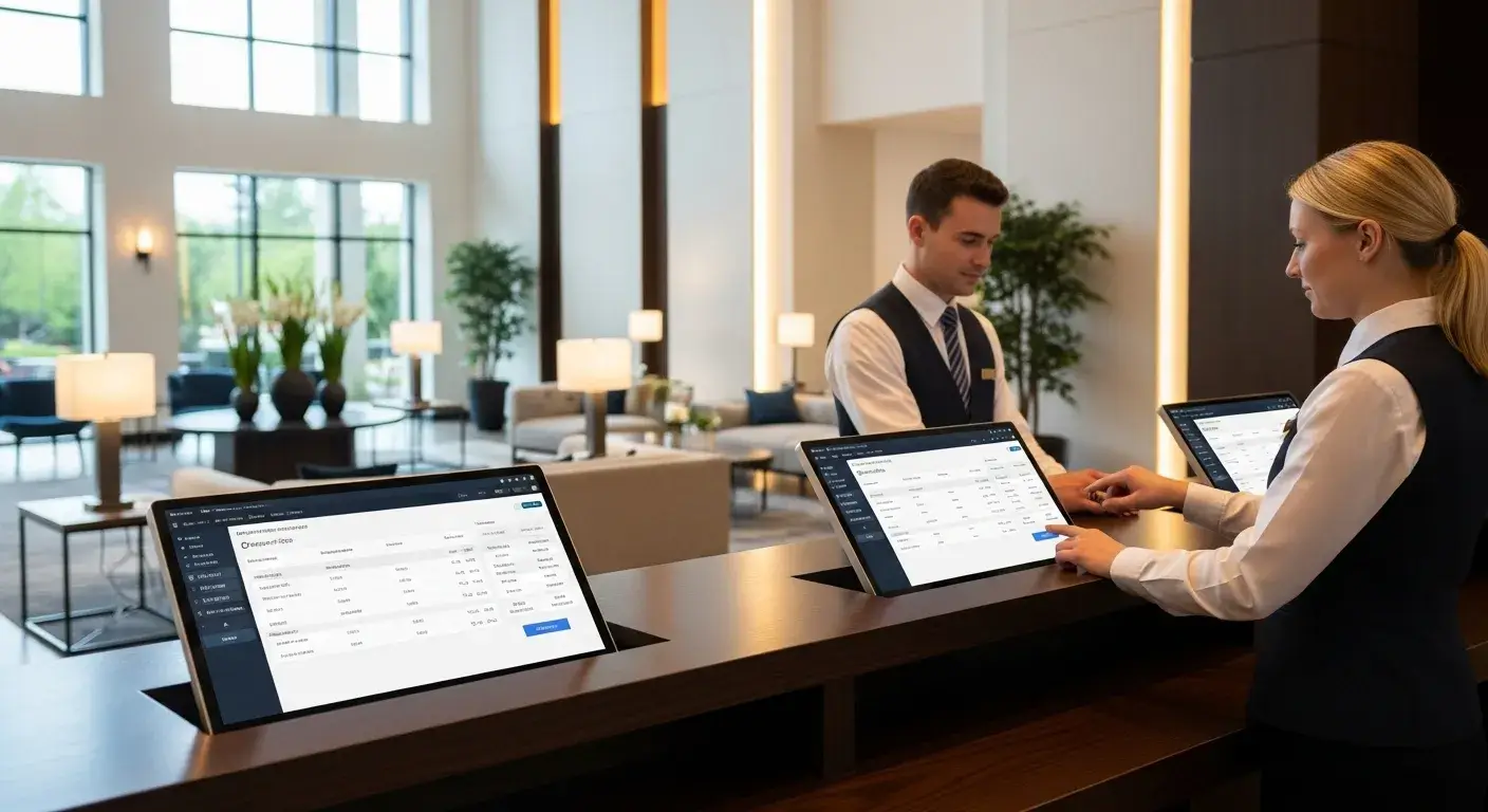 Hotel front desk staff using property management software