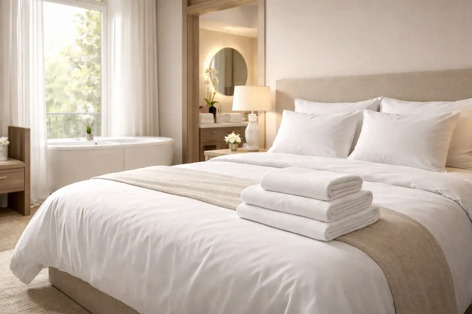 Cotton linens and towels in hotel room