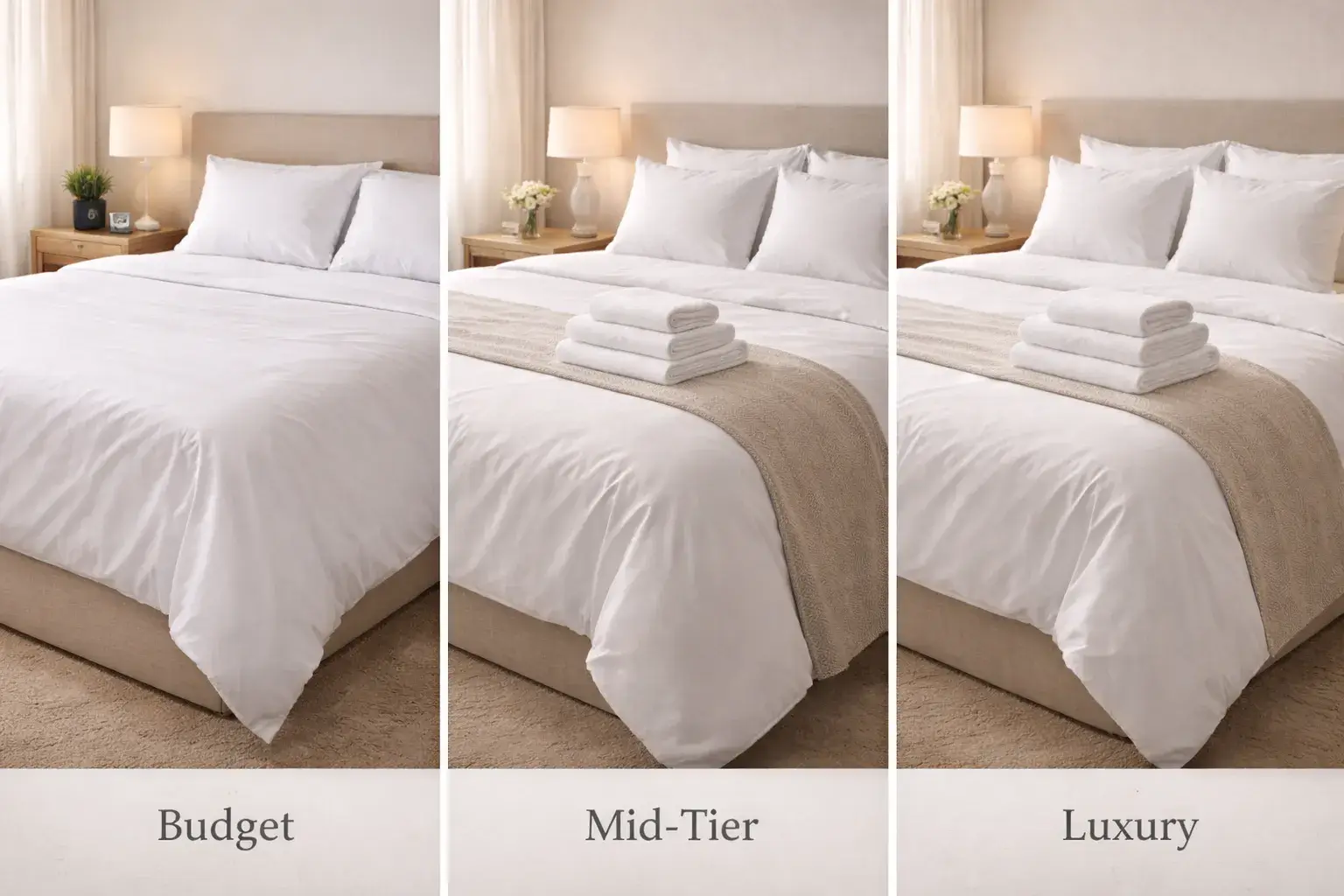 Budget, mid-tier, and luxury hotel beds