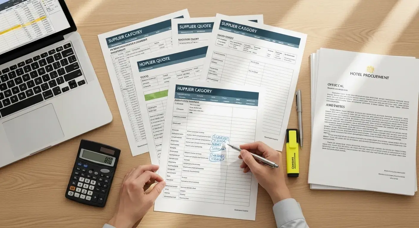 Hotel procurement checklist and supplier comparison sheet on desk