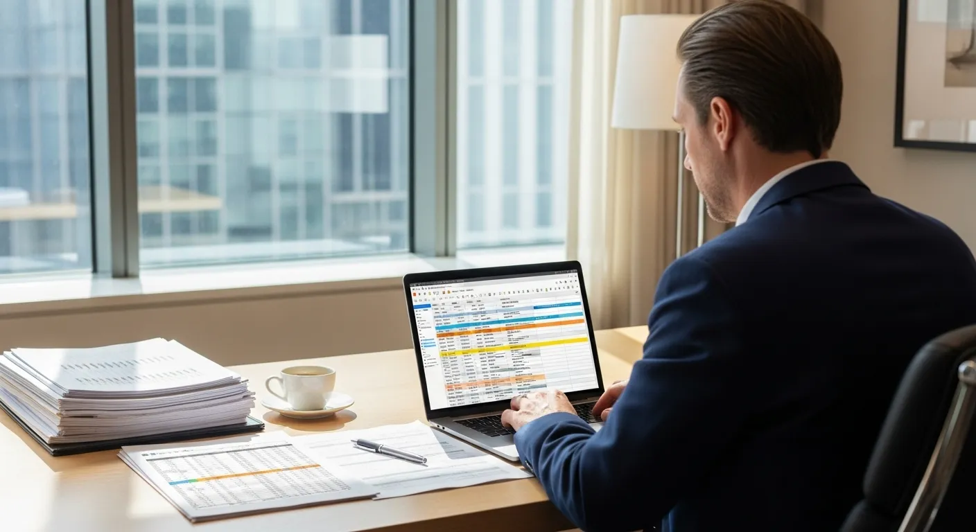 Hotel manager comparing supplier options on laptop and printed quotes