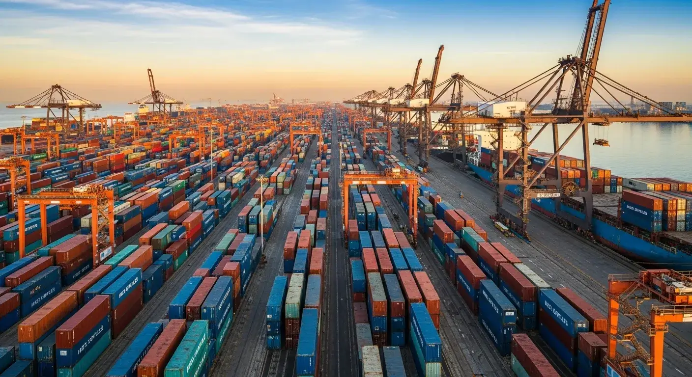 Cargo containers at Chinese port for hotel supply exports