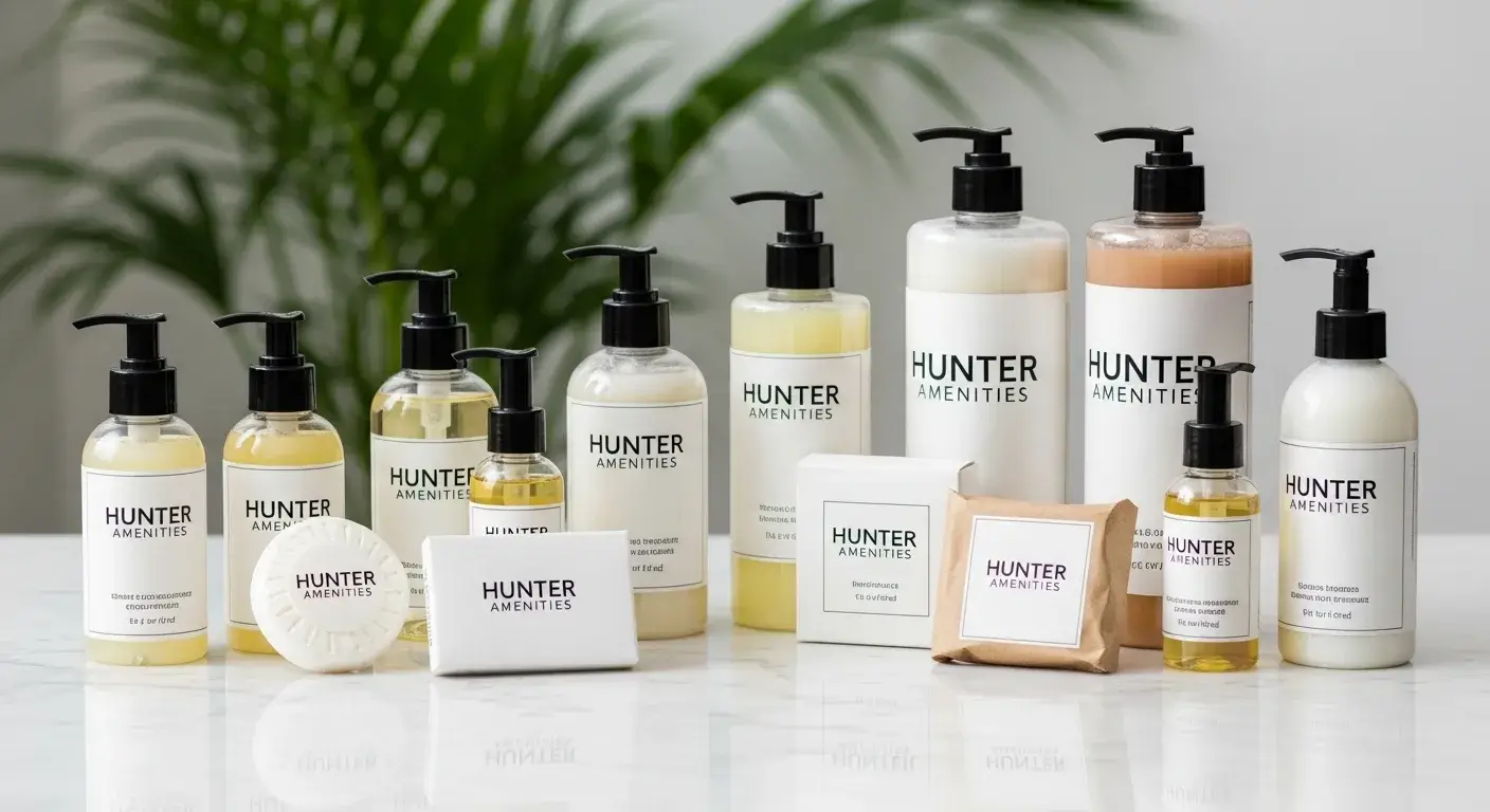 Hotel toiletries and branded amenity bottles on marble bathroom counter