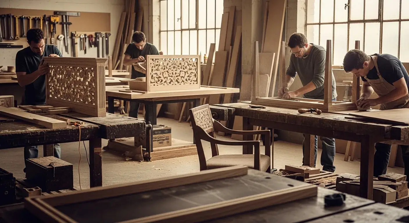 Craftsmen assembling hotel furniture pieces in workshop