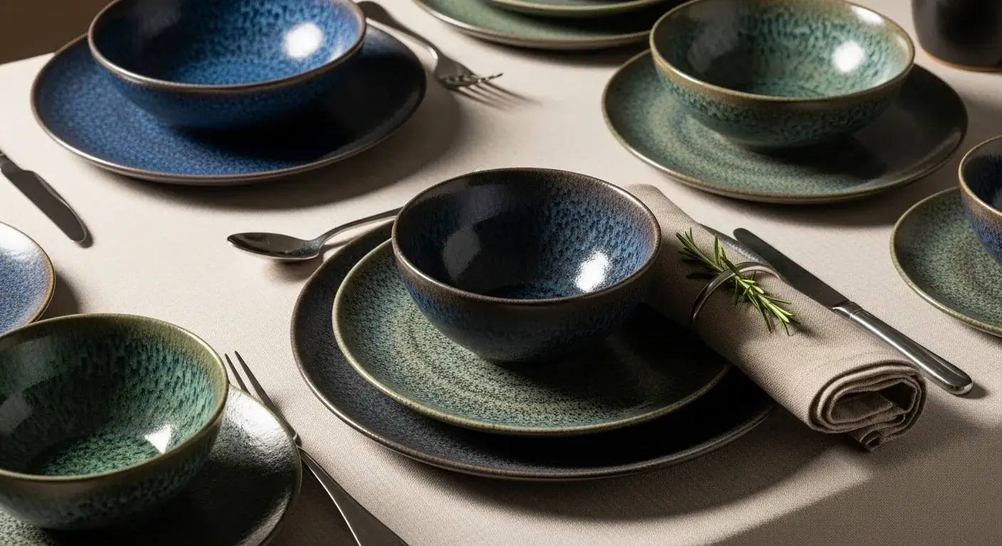 Artisanal ceramic dinnerware set on elegant table