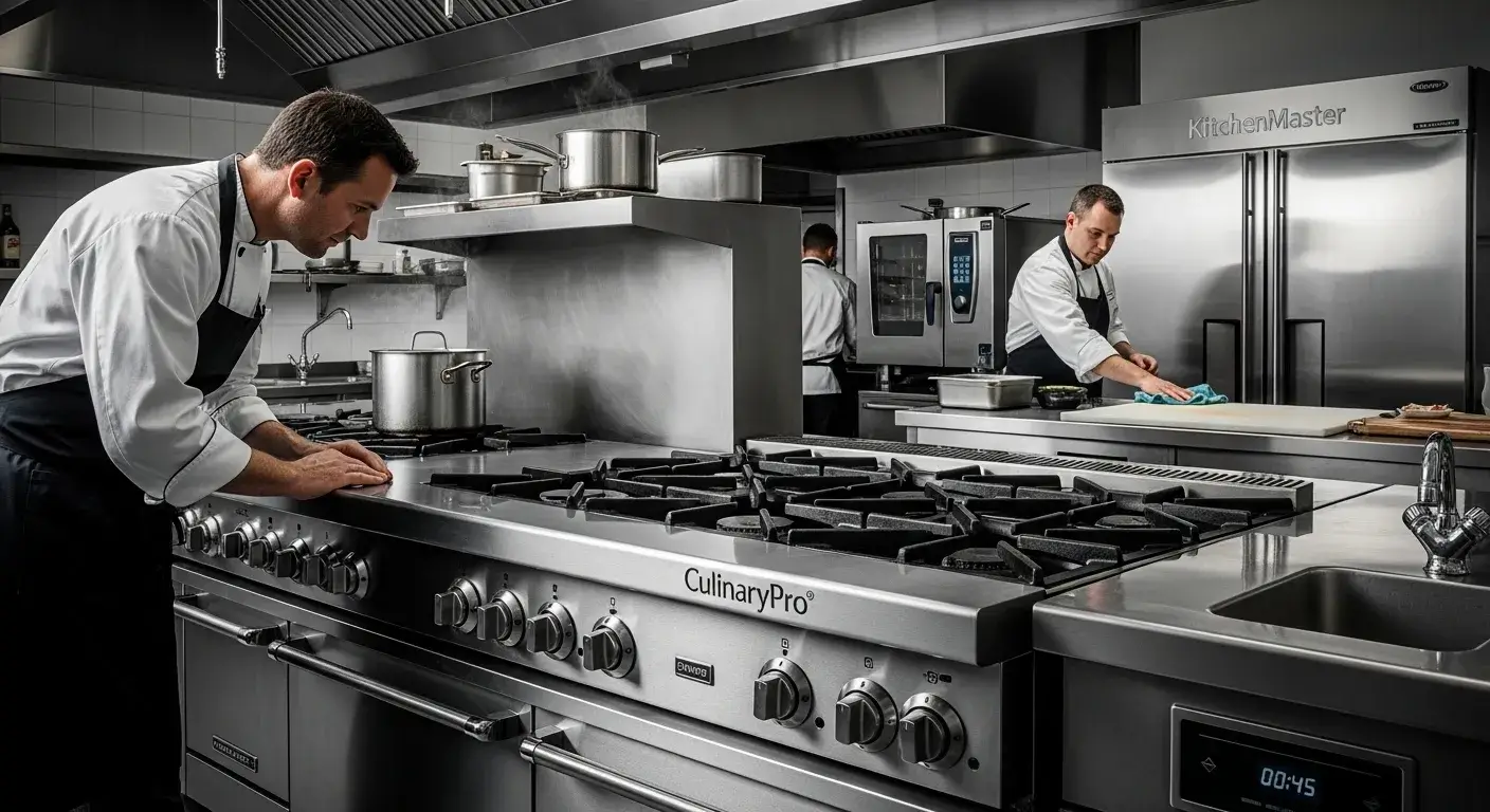 Commercial kitchen setup with branded stainless steel equipment