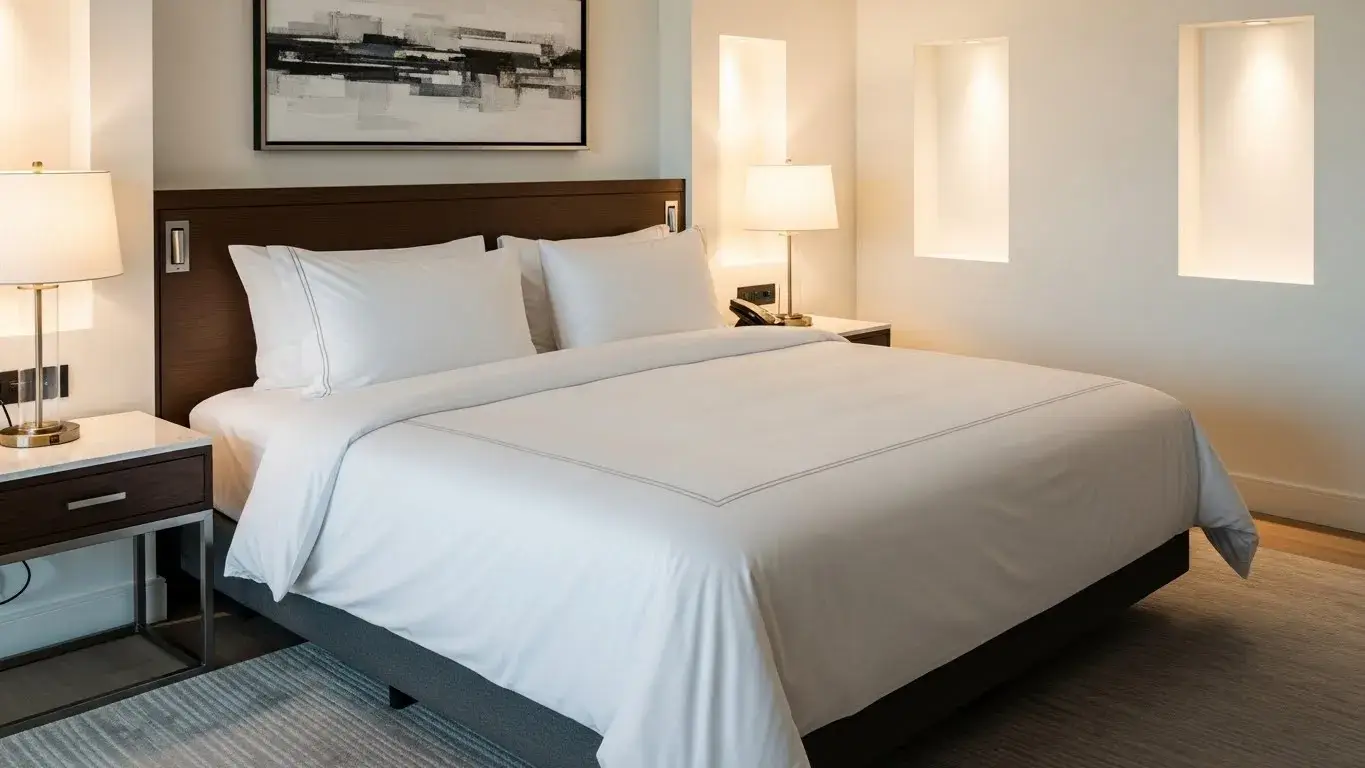 Luxury hotel bed with white commercial linens