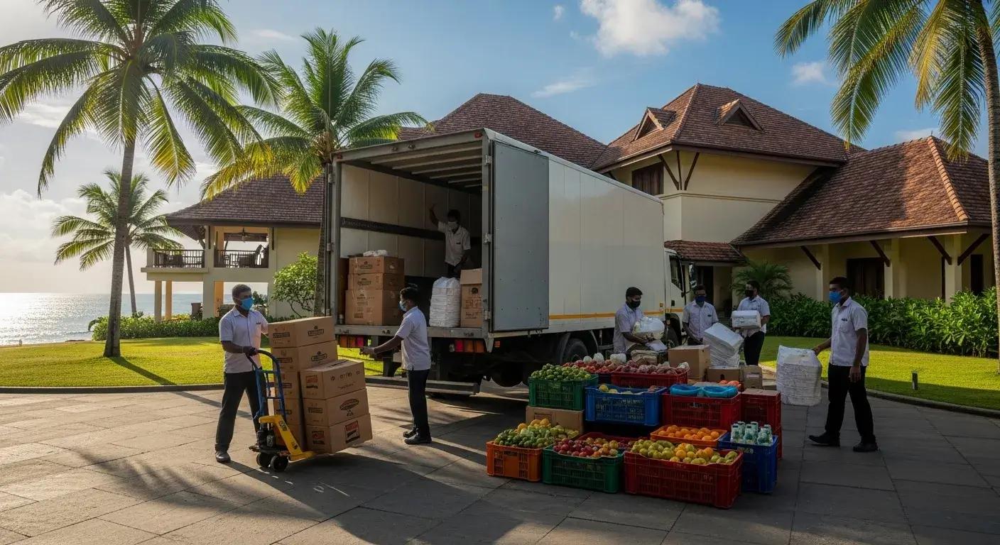 Hotel supply truck delivering goods to coastal resort