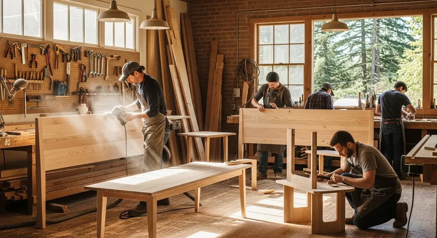 Woodworkers crafting custom hotel furniture in Oregon facility