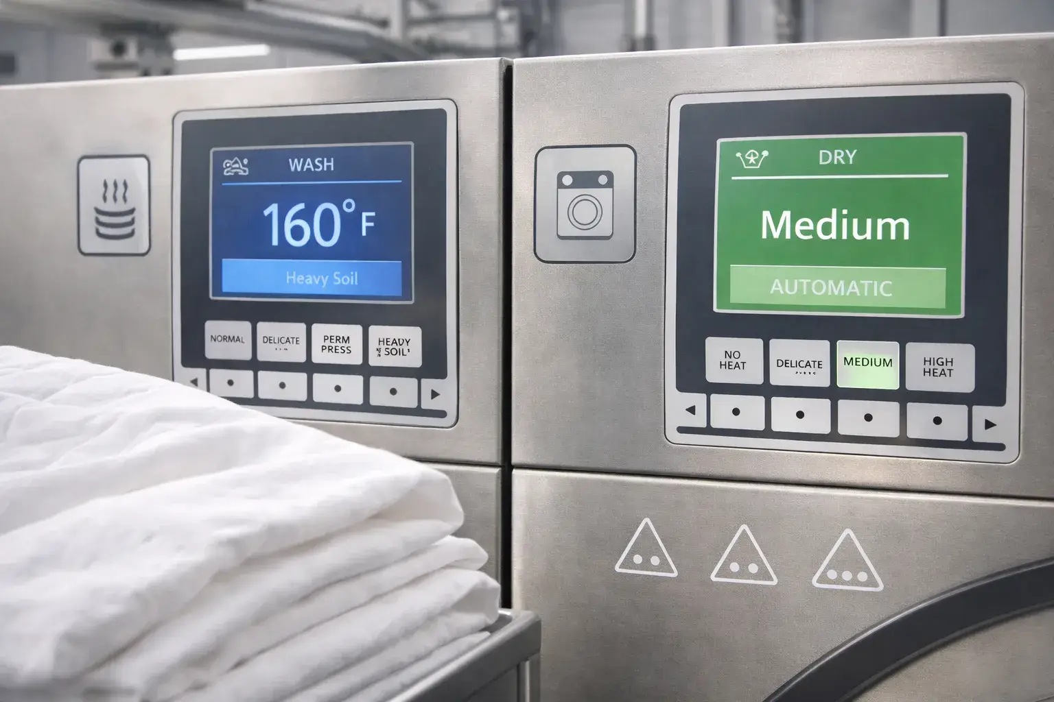 Commercial laundry caring for poly-cotton fabrics