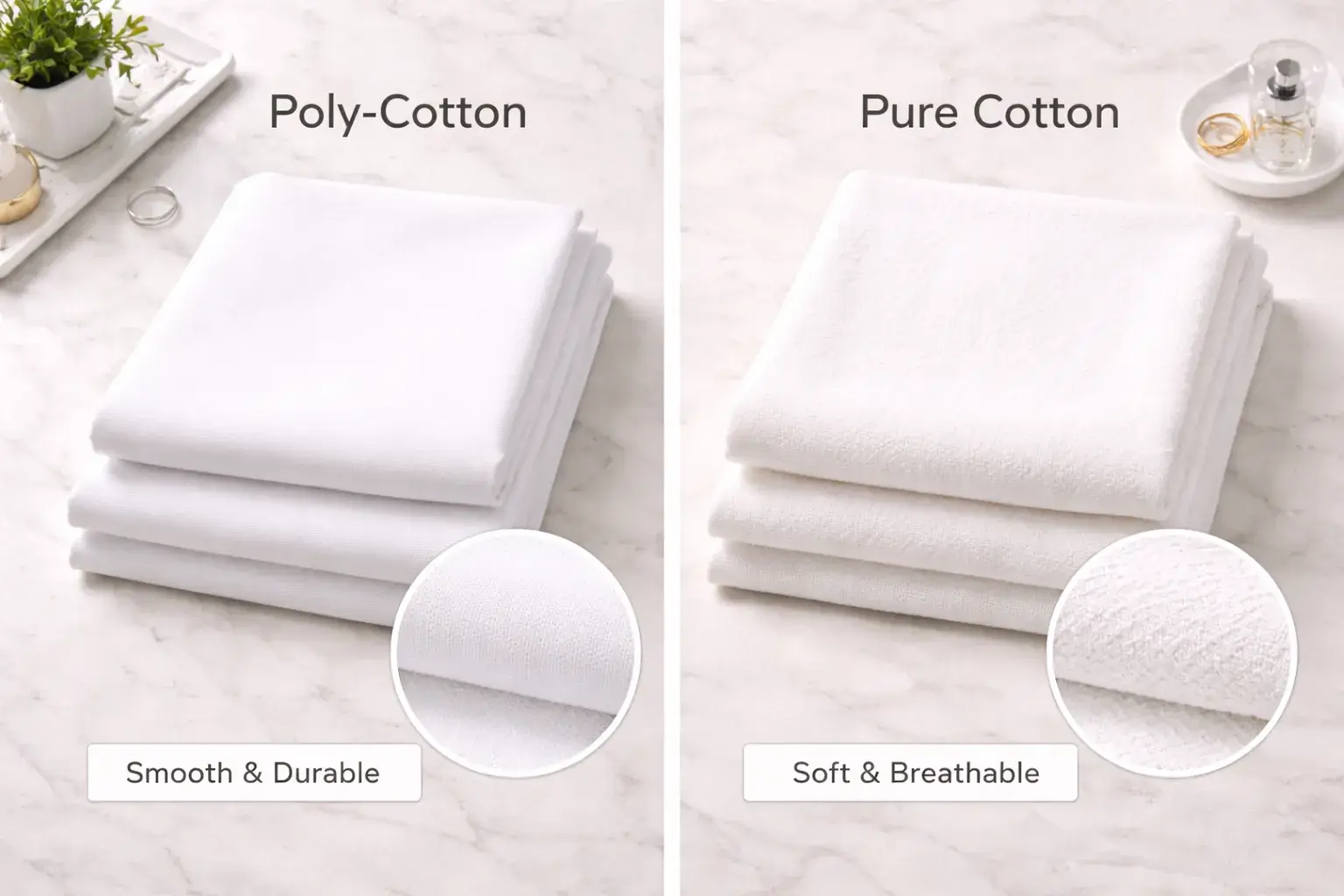 Poly-cotton and cotton fabric side by side