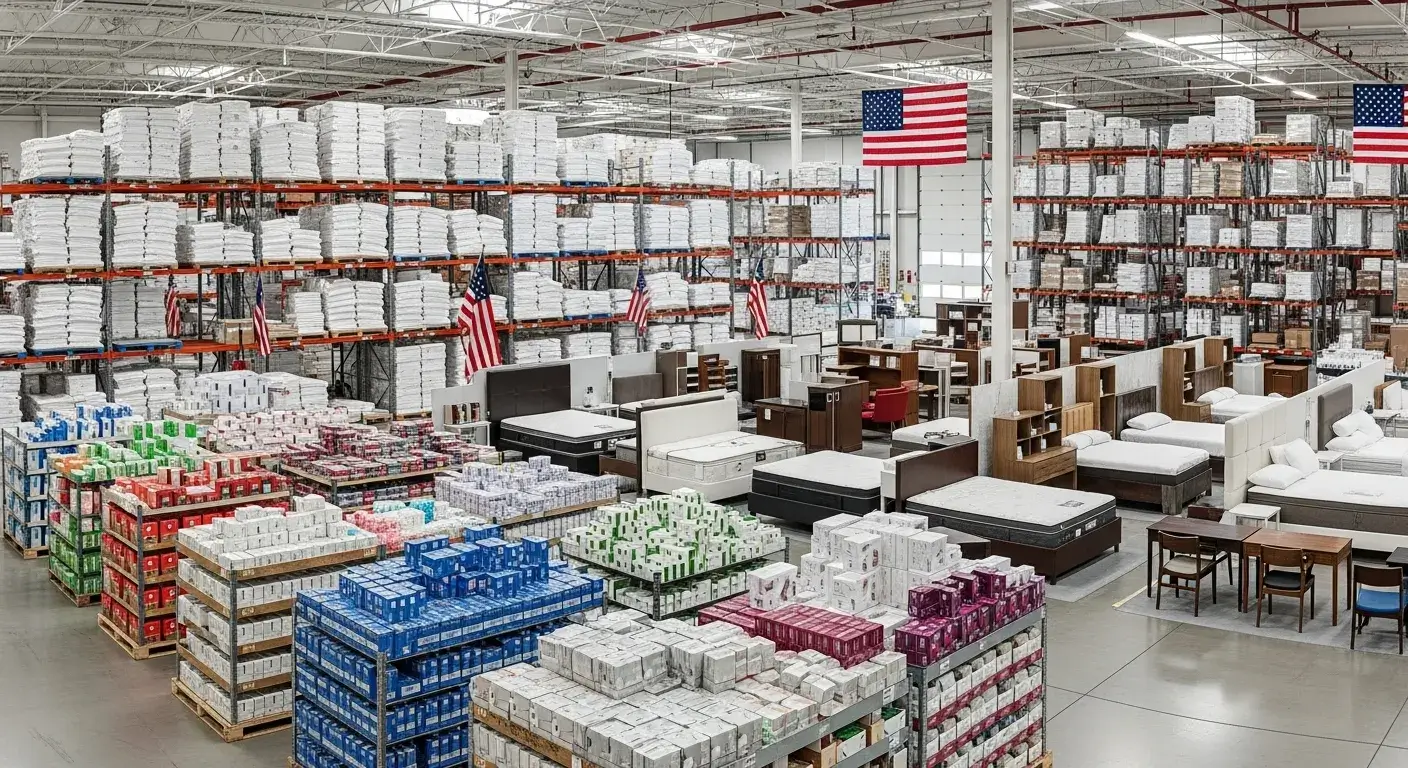 Hotel supplier warehouse and amenities display across USA