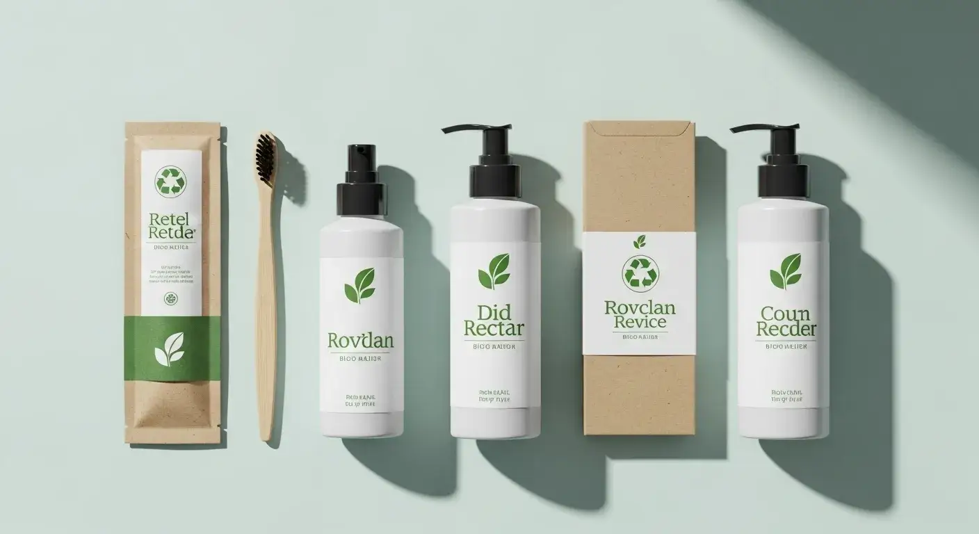 Eco-friendly hotel amenities with bamboo toothbrushes and biodegradable packaging
