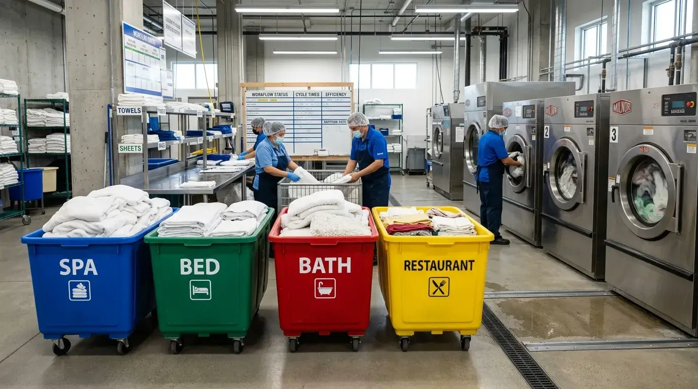 Color coded bins for hotel linen categorization