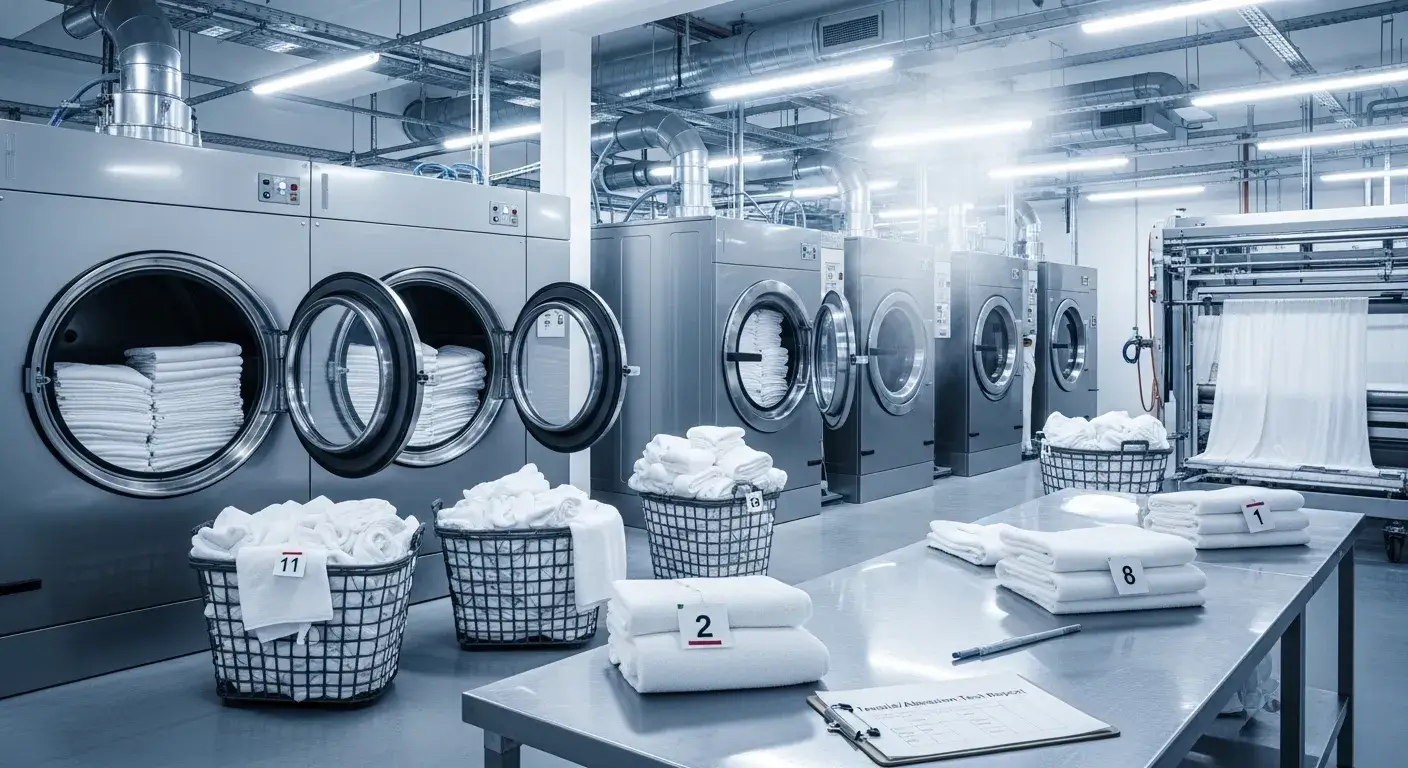 Industrial laundry machines with linens indicating durability testing