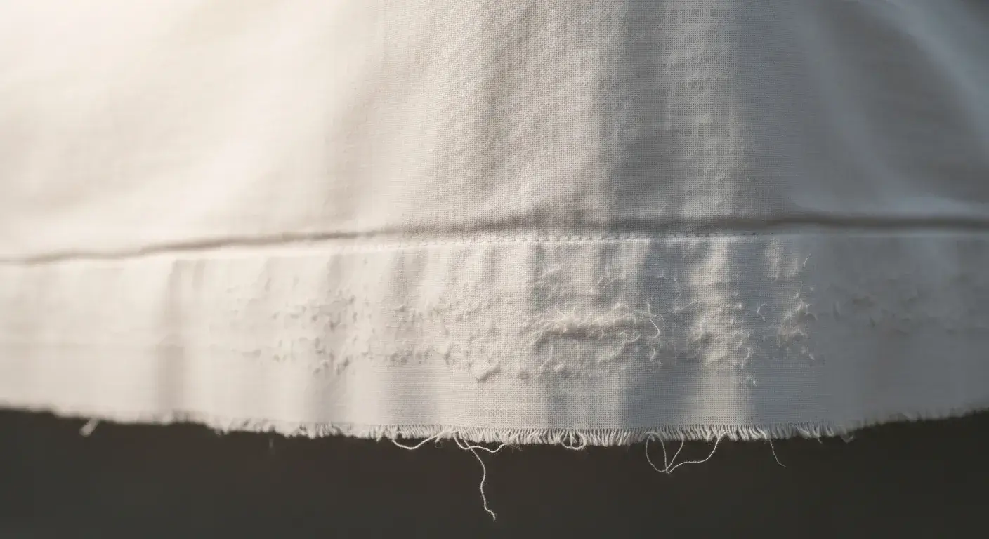 Cotton sheet edge showing light fraying from repeated laundering