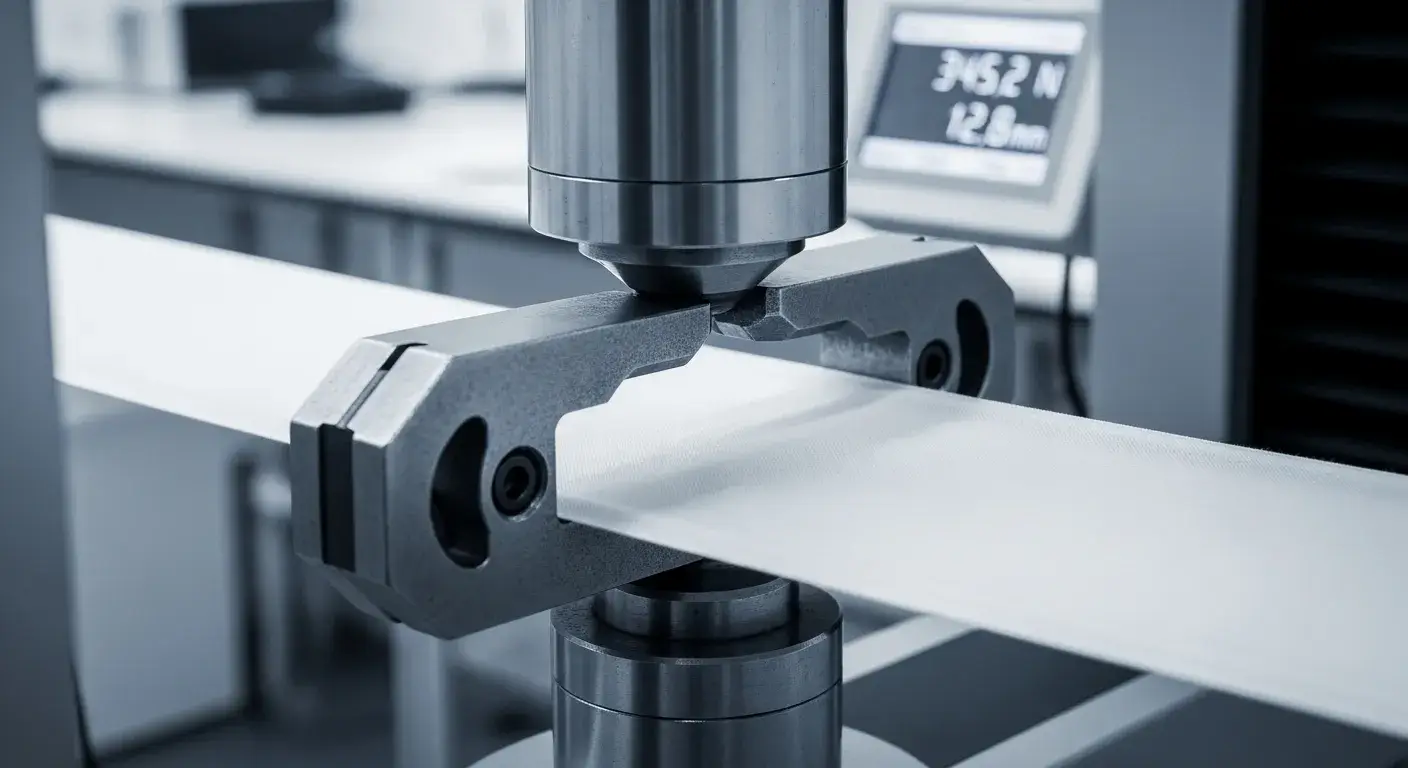 Elmendorf tear test on white cotton fabric