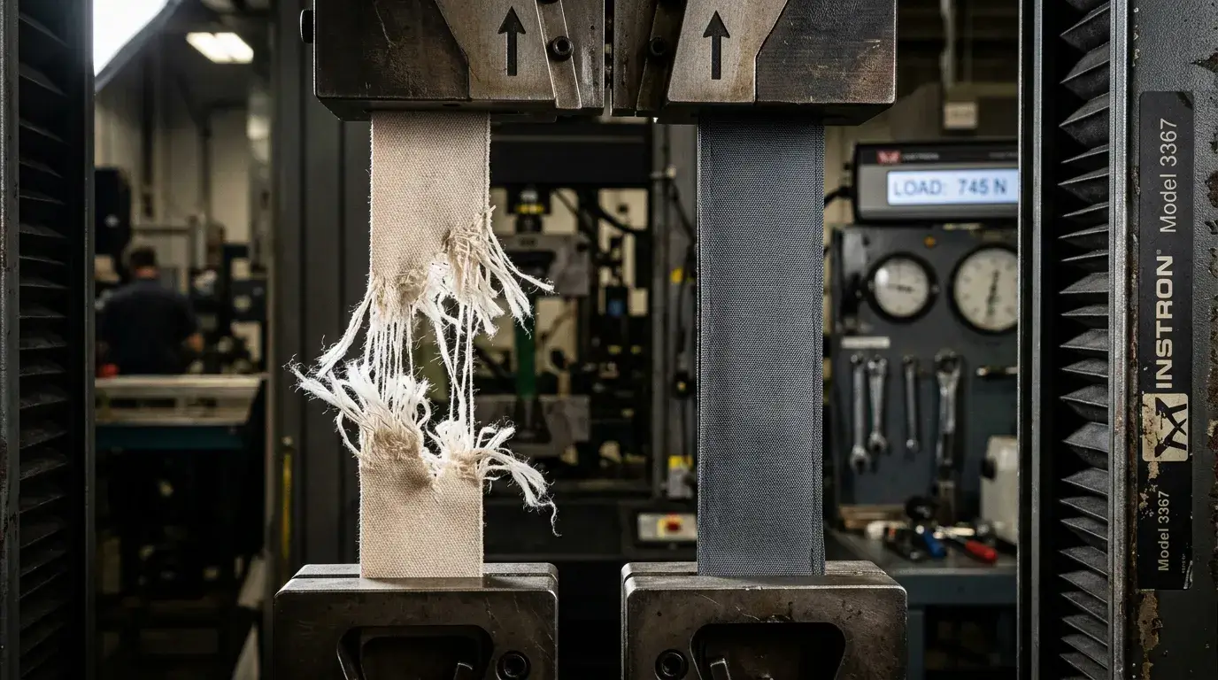 Fabric durability test showing strong versus weak threads