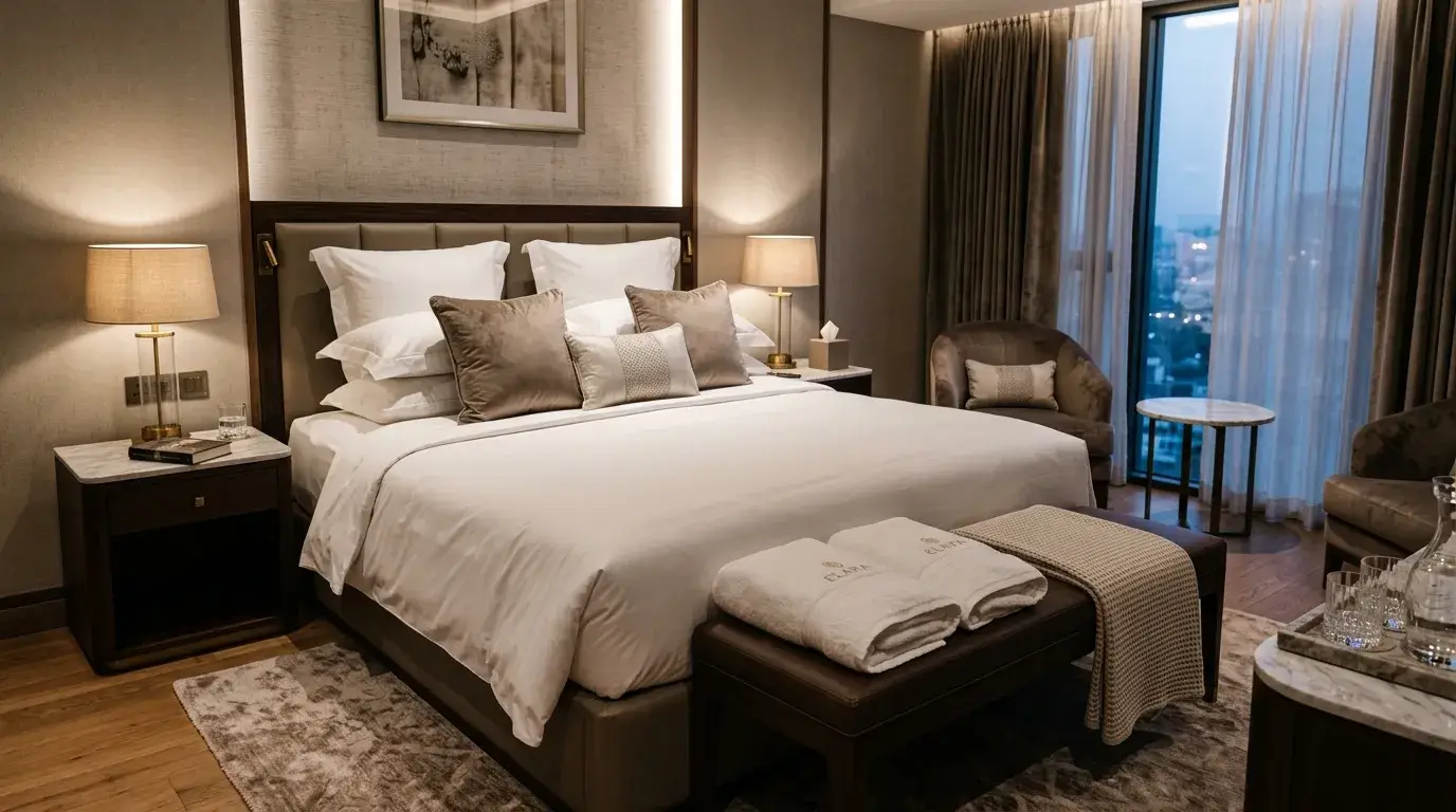 Luxury hotel bed with crisp sheets and plush towels