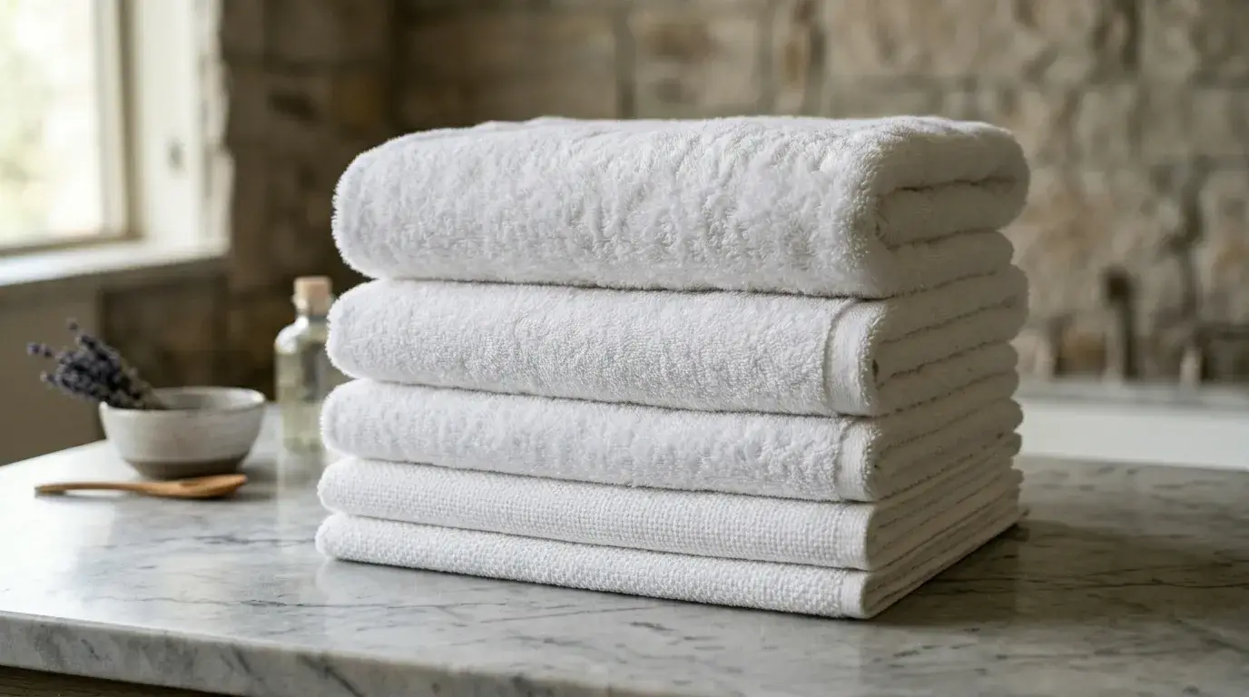 Stacked hotel towels showing different GSM thickness