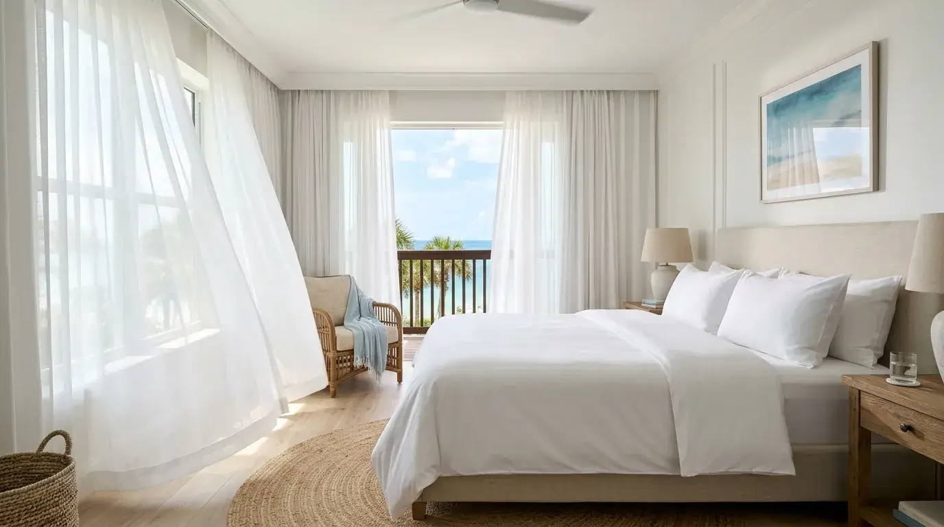 Hotel bed in humid climate with airy cooling sheet styling