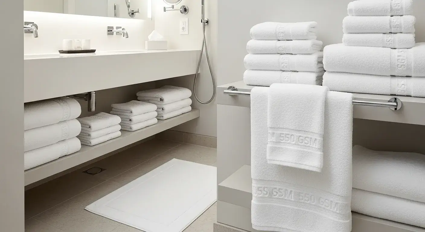Neatly folded white hotel bath towels in bathroom