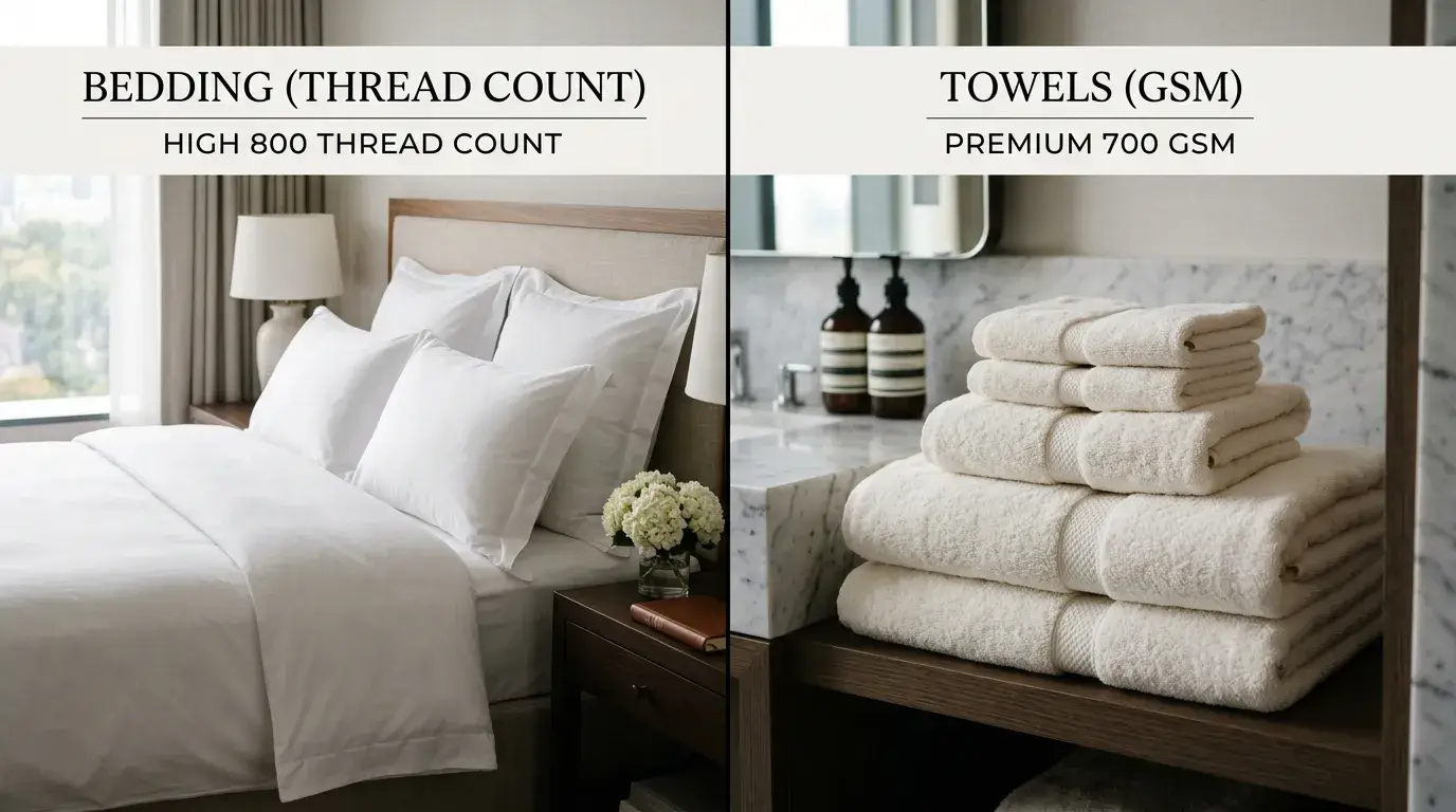 Hotel bed linens and towels categorized display