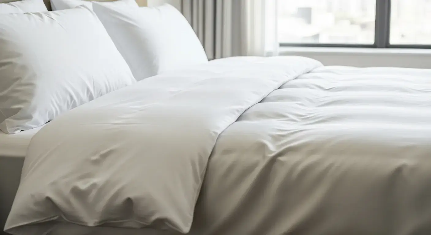 Luxury hotel bed showing crisp cotton and silky drape textiles